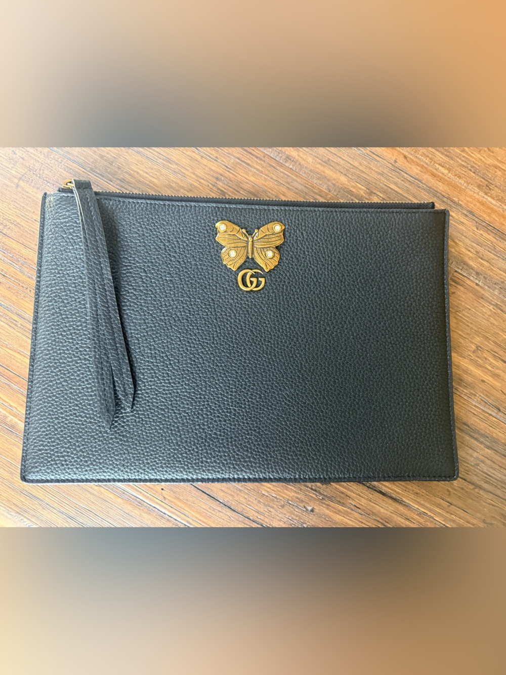 Gucci GG Leather Butterfly Zip Clutch